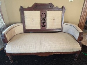 East Lake Carved Wood Loveseat Cream Brocade Fabric Carved Wood Frame