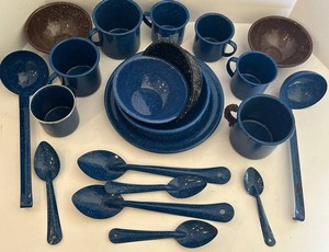 Large Lot of Blue Brown Enamelware Tableware & Utensils Variety -  Many Pieces