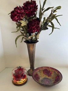 Vintage Fun Floral Mix Including Metal Vase, Goofus Glass Rose Bowl & Floral Dome