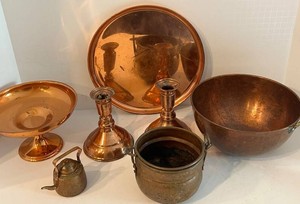 Copper Metalware Mixed Lot - Trays, Bowls, Candlesticks & Kettle (Lot of 7)
