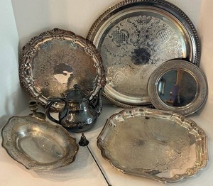 Decorative Silver-Plated Trays, Teapot & Tableware Group