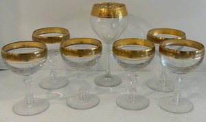 &nbspSet of 7 Clear Glass Goblets With 24Kt Thick Gold Decorative Bands