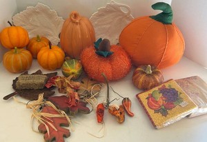 Fall Harvest Decor Mixed Lot - Pumpkins, Gourds, Leaves & Napkins