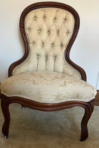 Vintage Tufted Carved Wood Upholstered Armchair Accent Piece Victorian Style