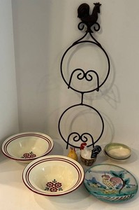 Rooster Themed Decorative Iron Plate Rack & Dishware Mixed Lot - 8 Pieces