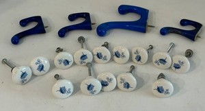 Blue wall Hooks & Floral Ceramic Cabinet Knobs Mixed Lot (Lot of 18)