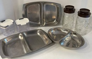Vintqage MCM Mixed Lot - 2 Glass Jars, 2 Food Containers & 4 Metal Trays