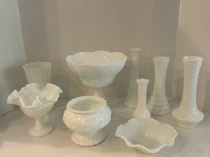 White Milk Glass Serving Pieces & Vases Mixed Lot (Lot of 9)