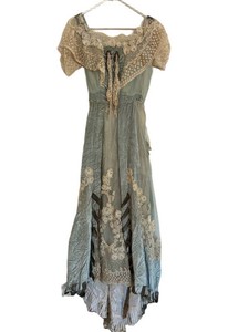 Authentic Antique Victorian Dress - Velvet Satin & Lace-Trimmed Blue-Green Formal Dress With Floral Appliques
