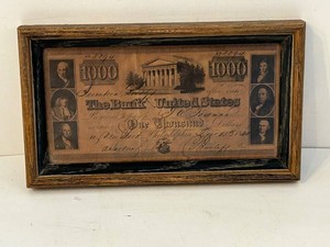 Antique 1888 Framed Bank of the United States $1,000 Note Display Reproduction