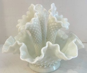 Rare Vintage White Fenton Hobnail Glass Epergne Flower Frog Vase 4 Pieces