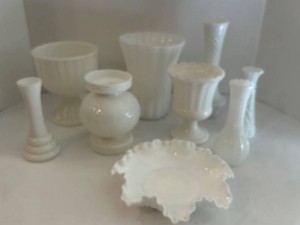 Vintage White Milk Glass Vases, Bowls & Dish (Lot of 9)