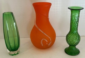 Decorative Green & Orange Glass Vases (Lot of 3)