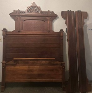 Antique Victorian Eastlake Walnut High-Back Bed Frame - 59in W Headboard