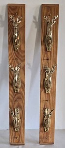 Brass Deer Head Coat Hat Hooks on Oak Wood Boards - 6 Hooks (Lot of 2)