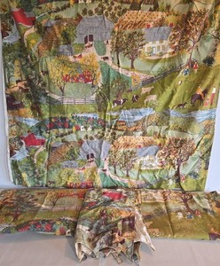 Vintage Bark Cloth Farm Scene Curtain Panel Remnants