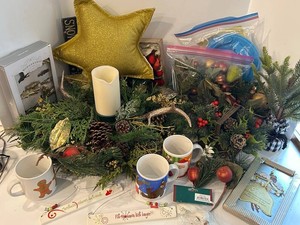 Christmas Decor Mixed Lot - Greens, Ornaments, Mugs & Centerpiece
