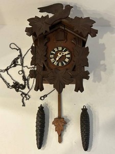 Vintage Carved Wooden Cuckoo Clock With Pinecone Weights