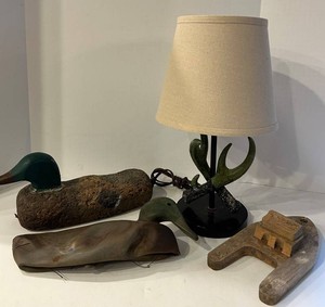 Mixed Lot Carved Duck Decoys, Antler Lamp & Wooden Hand Plane