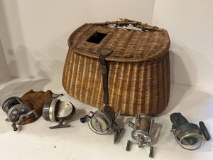 Vintage Fishing Tackle Basket & Marked Reels Mixed Lot