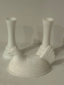 Vintage White Milk Glass Hen Serving Dish Lid & Matching Candlesticks Mixed Lot