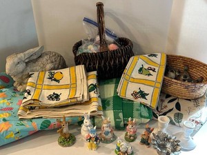 Easter Decor Mixed Lot - Rabbit Figurines, Textiles & Baskets