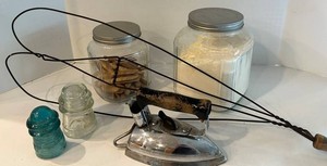Vintage Singer Model B Iron, Glass Insulators & Storage Jars Mixed Lot