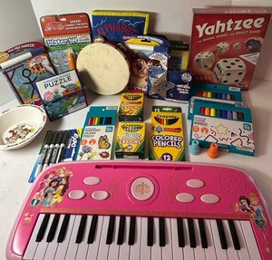 Mixed Lot Disney Princess Keyboard, Yahtzee, Crayola Art Supplies & Games