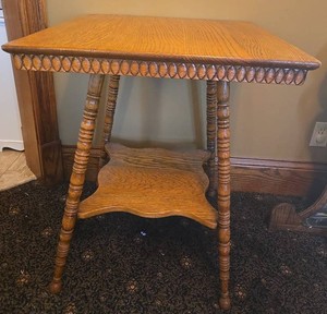 Antique Oak Carved Apron Occasional Table With Lower Shelf