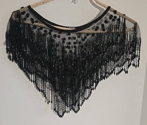 Vintage Black Beaded Floral Fringe Bib Collar