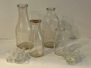 Vintage Glass Milk Bottles & 6 mini mug Glasses Mixed Lot