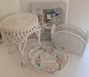White Wicker Mirror, Magazine Holder, Basket &amp Stool Mixed Lot