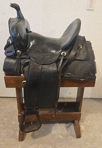 Vintage Black Tooled Leather Western Saddle With Stand
