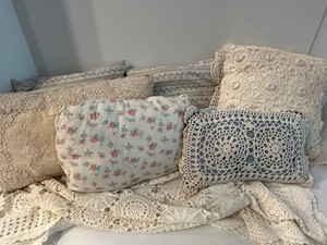 Crochet Lace, Embroidered & Floral Pillow Textile Mixed Lot