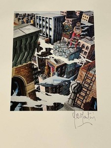 Signed J.B. Martin Surreal Urban Shark Art Print 10 X 9 in