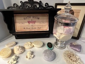 Bathroom Decor Mixed Lot - Shelf, Jar, Soaps & Framed Art