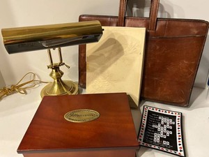Brass Desk Lamp, Hallmark Stationery, Leather Portfolio & Keepsake Box Mixed Lot