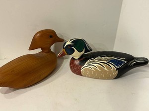 Carved Wooden Duck Decoys - Painted & Natural Finish (Lot of 2)