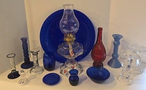 Blue Glass Platter, Glass Oil Lamp &amp Decorative Glassware Mixed Lot