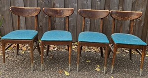 Mid-Century Wood Chairs With Turquoise Vinyl (Lot of 4)