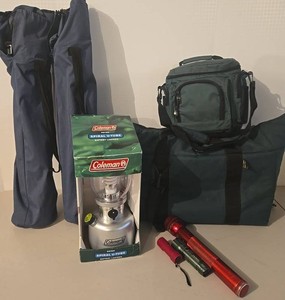 Coleman Spiral U-tube Lantern, 3 Flashlights, 2 Chairs &amp 2 Coolers Mixed Lot