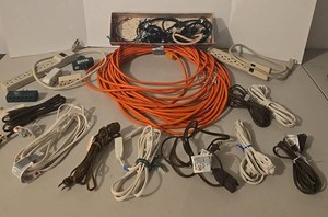 Mixed Lot Orange Extension Cords, Power Strips &amp Assorted Cables