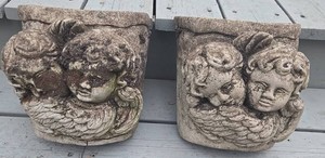 Pair of Ornate Cherub Cast-Stone Wall Planters - Cracked Bases