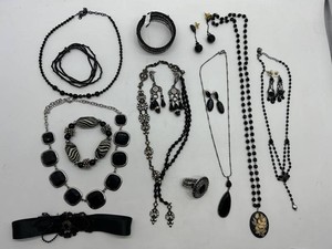 Mixed Lot Black Costume Jewelry, Necklaces, Earrings & Belt including Vintage
