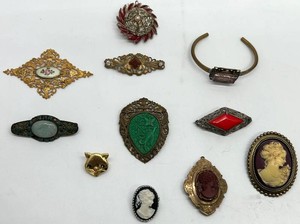 Mixed Lot - 11 Antique Costume Jewelry Brooches & Cuff Bracelet