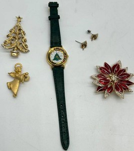 Holiday Costume Jewelry Mixed Lot - Watch, Brooches & Earrings (5 Pieces) including Napier