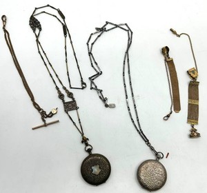 Vintage Pocket Watch Style Portrait Lockets and watch fob Chains - Group of 5