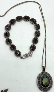 925 Sterling Silver Garnet Bracelet & Pendant Necklace (Lot of 2)