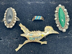 Silver Jewelry Mixed Lot - 4-Piece Rings & Bird Brooch