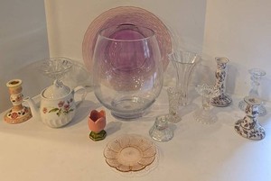 Clear Glass Vase &amp Pink Platter Decorative Glass Mixed Lot